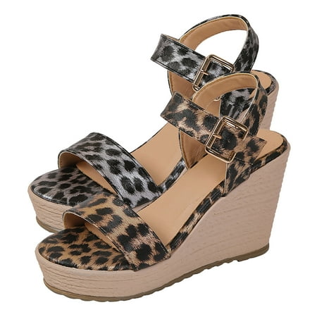 

Aayomet Sandals for Women Casual Summer Fashion Spring Summer Women Sandals Thick Sole Wedge Heel High Heel Leopard Print Open Gray 8.5