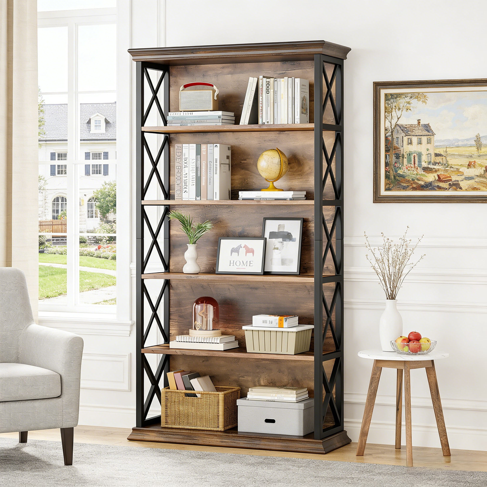 Fnova 71" 5-Tier Tall Bookshelf, Industrial Wood Bookcase with Metal Frame, Floor Standing Display Storage Shelves for Home Office, Living Room, Bedroom