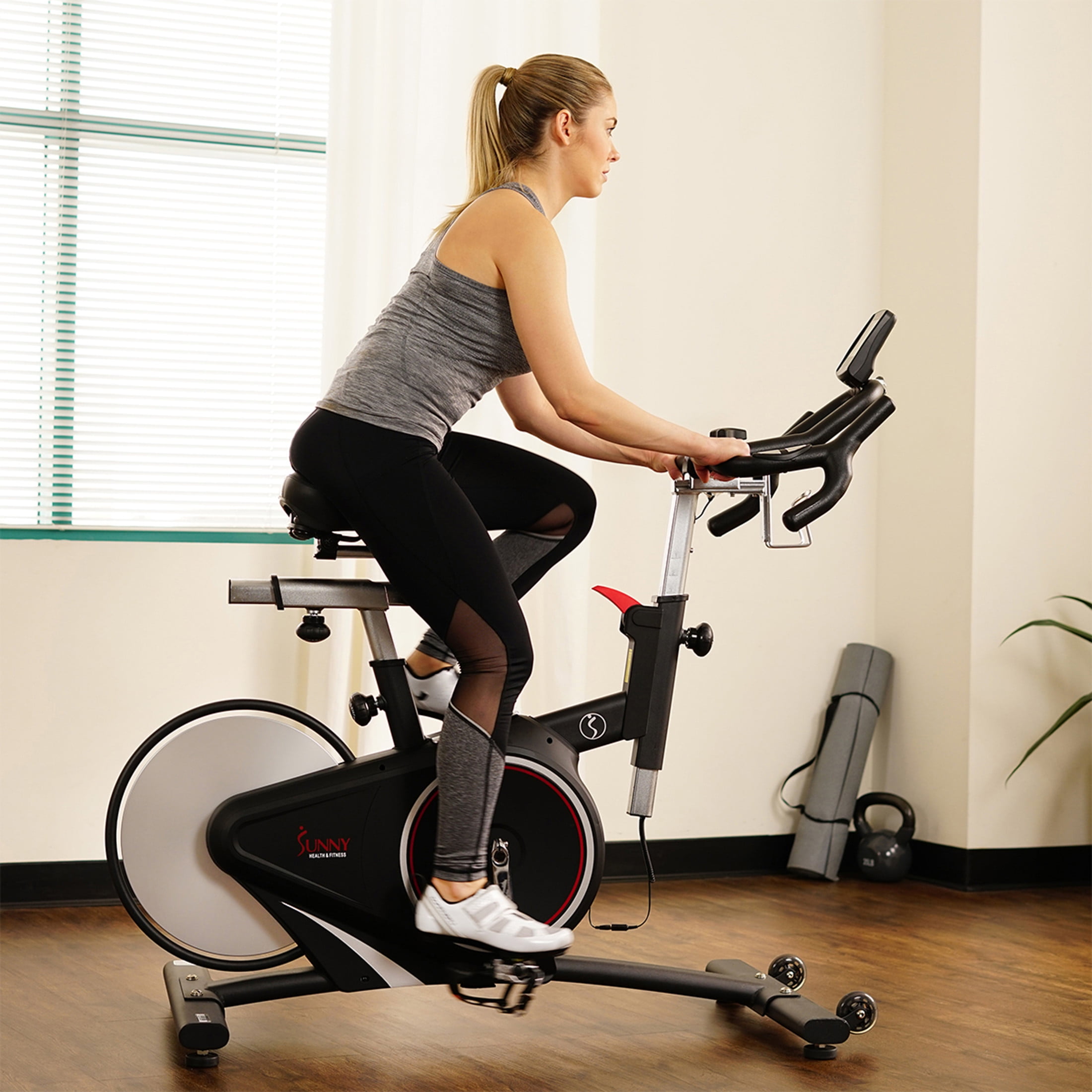 Sunny Health & Fitness Magnetic Belt Rear Drive Indoor Cycling Bike, High Weight Capacity with Cadence Sensor and Pulse Rate Monitor - SF-B1709