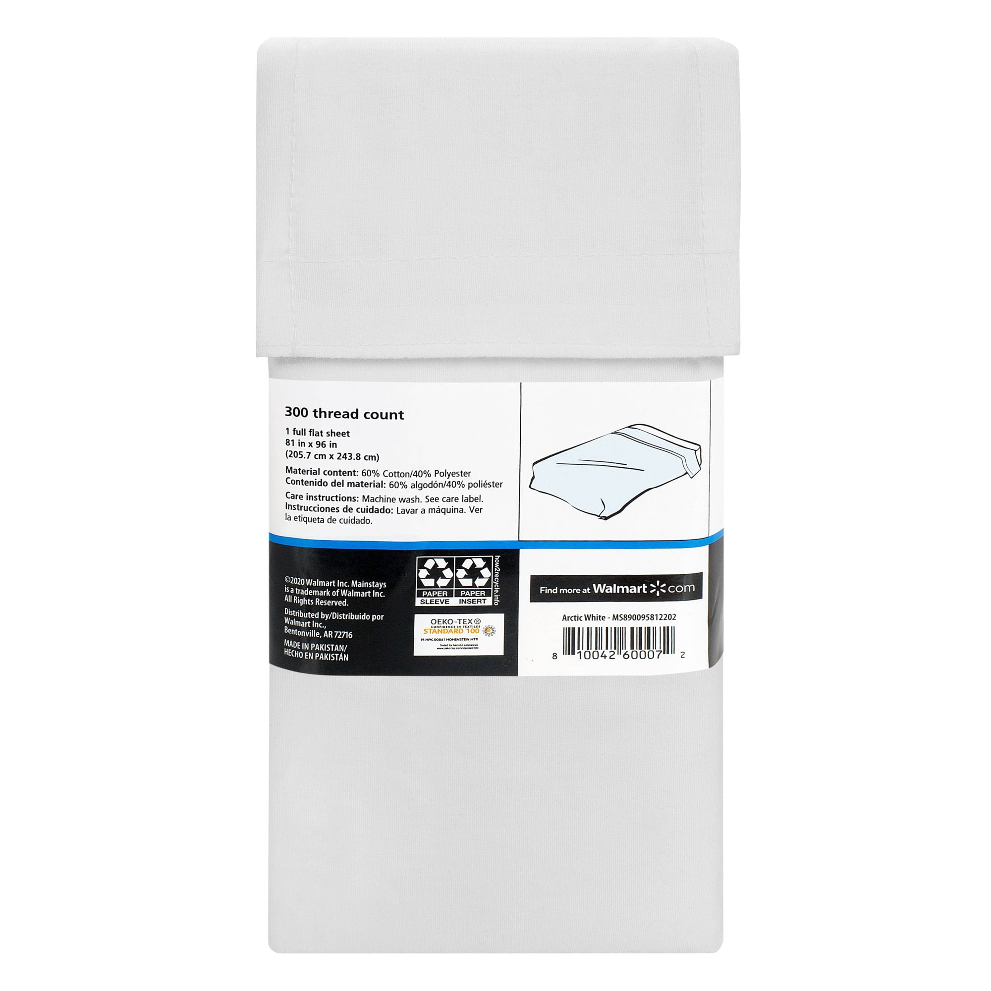 Mainstays 300TC Cotton Rich Percale Easy Care Bed Sheet Set,Arctic White Full Flat Sheet