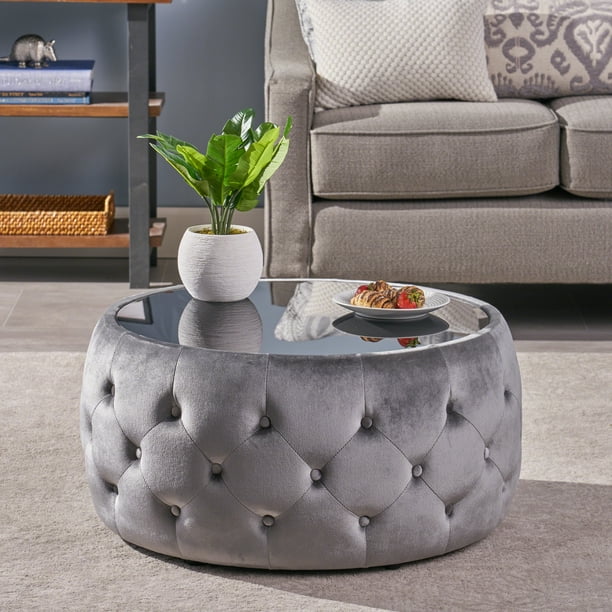 Ivy Glam Velvet And Tempered Glass Coffee Table Ottoman Smoke Com Ivy Glam Velvet And Tempered Glass, Gray Oval Ottoman Coffee Table