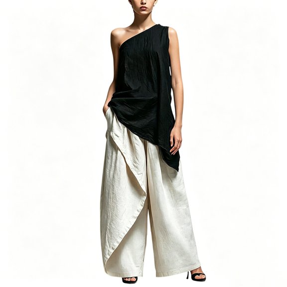 Gsakboxl Womens Tops Women Asymmetric One Shoulder Cotton Linen Sleeveless Top Soft Breathable Loose Fit Summer Casual Single Shoulder T-Shirt For Vacation Daily Outfit Black L