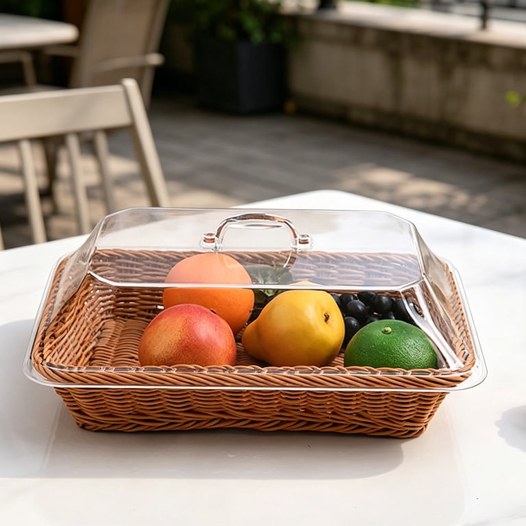 【A VACATION】 アバケーション　BREAD MESH KARMA Woven Serving Basket with Transparent Acrylic Cover,Wood Rattan