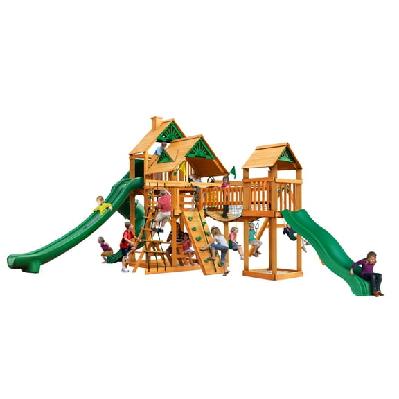 Gorilla Playsets Treasure Trove II Wooden Swing Set with 3 Slides, Clatter Bridge and Tower, and Rock Climbing Wall