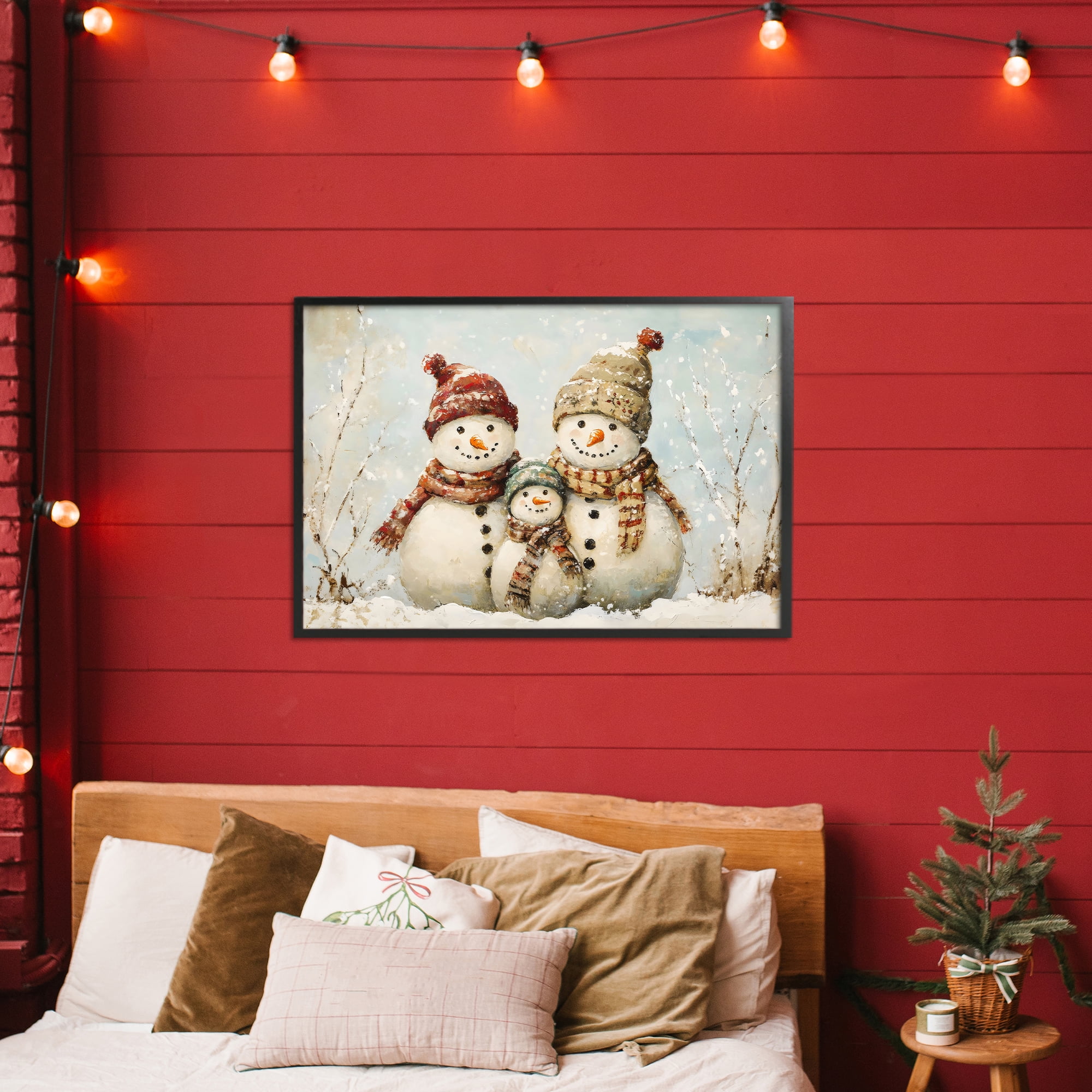 Snowman Family Of Three Black Framed Giclee Art, design by Petal Prints Design