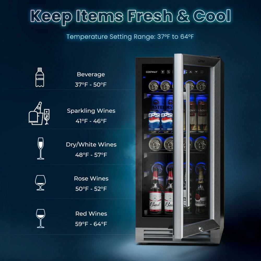 Topcobe 15 Inch 100 Can Built-in Freestanding Beverage Cooler Refrigerator with Adjustable Temperature and Shelf, Mini Fridge for Home Kitchen Offices Dorm-Silver