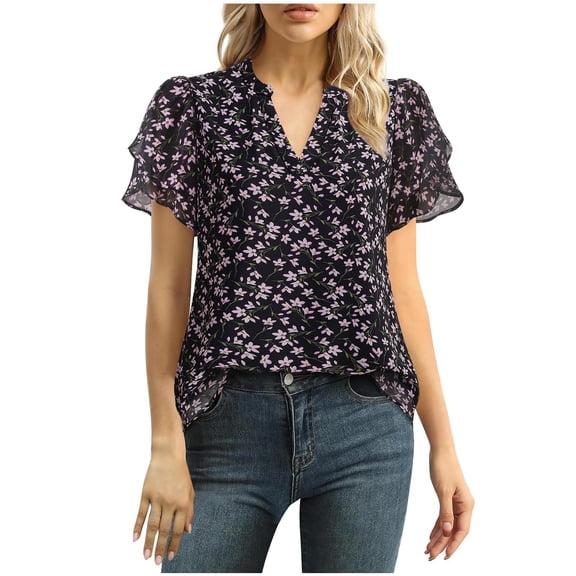 ZQUUVOU Women's T-Shirts Printed Casual V-Neck Ruffle Short Sleeve Tops (Black,M)
