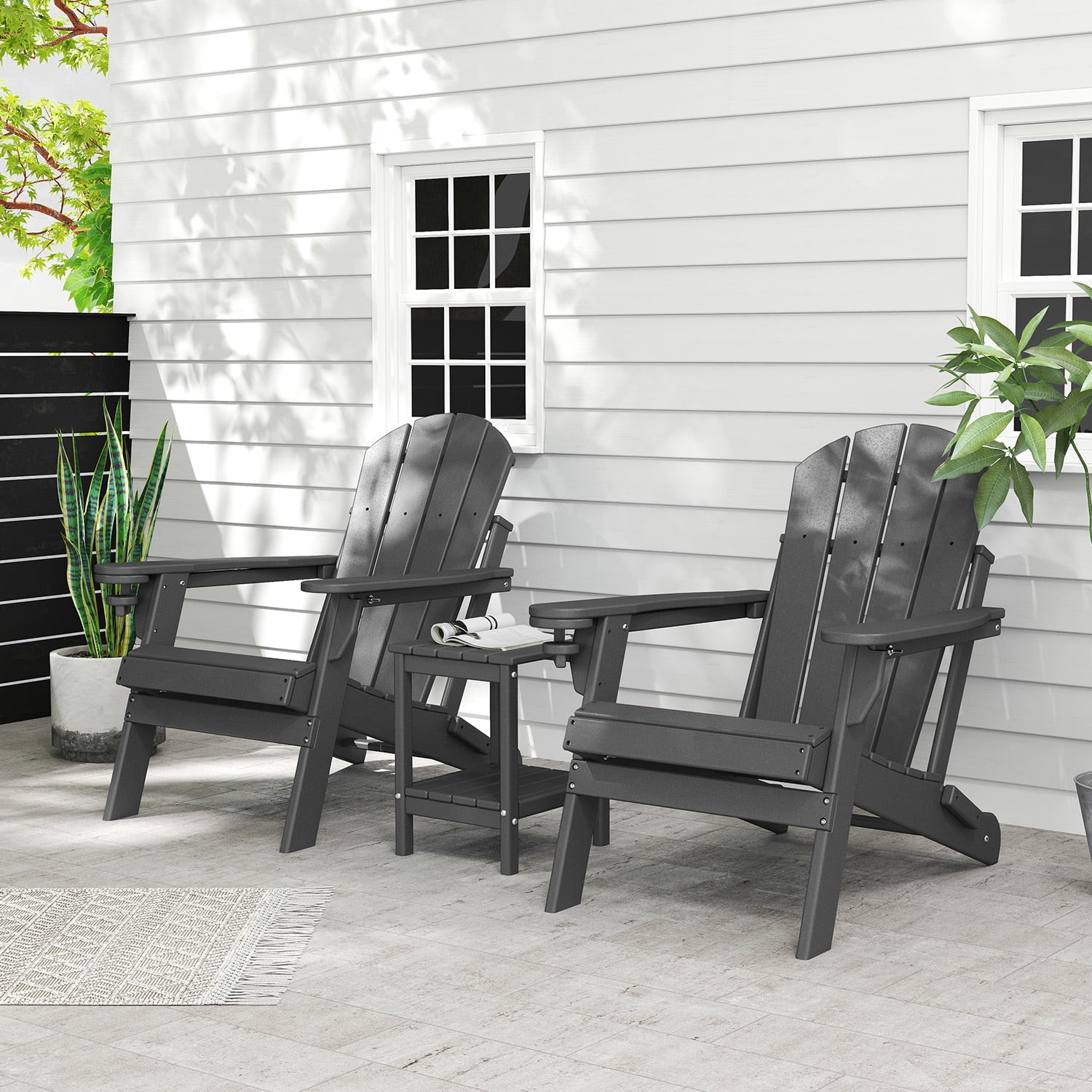 FODINGHILL Outdoor Folding Adirondack Chair, HDPE All Weather Patio Chair with Cup Holder for Deck Backyard Garden, Grey