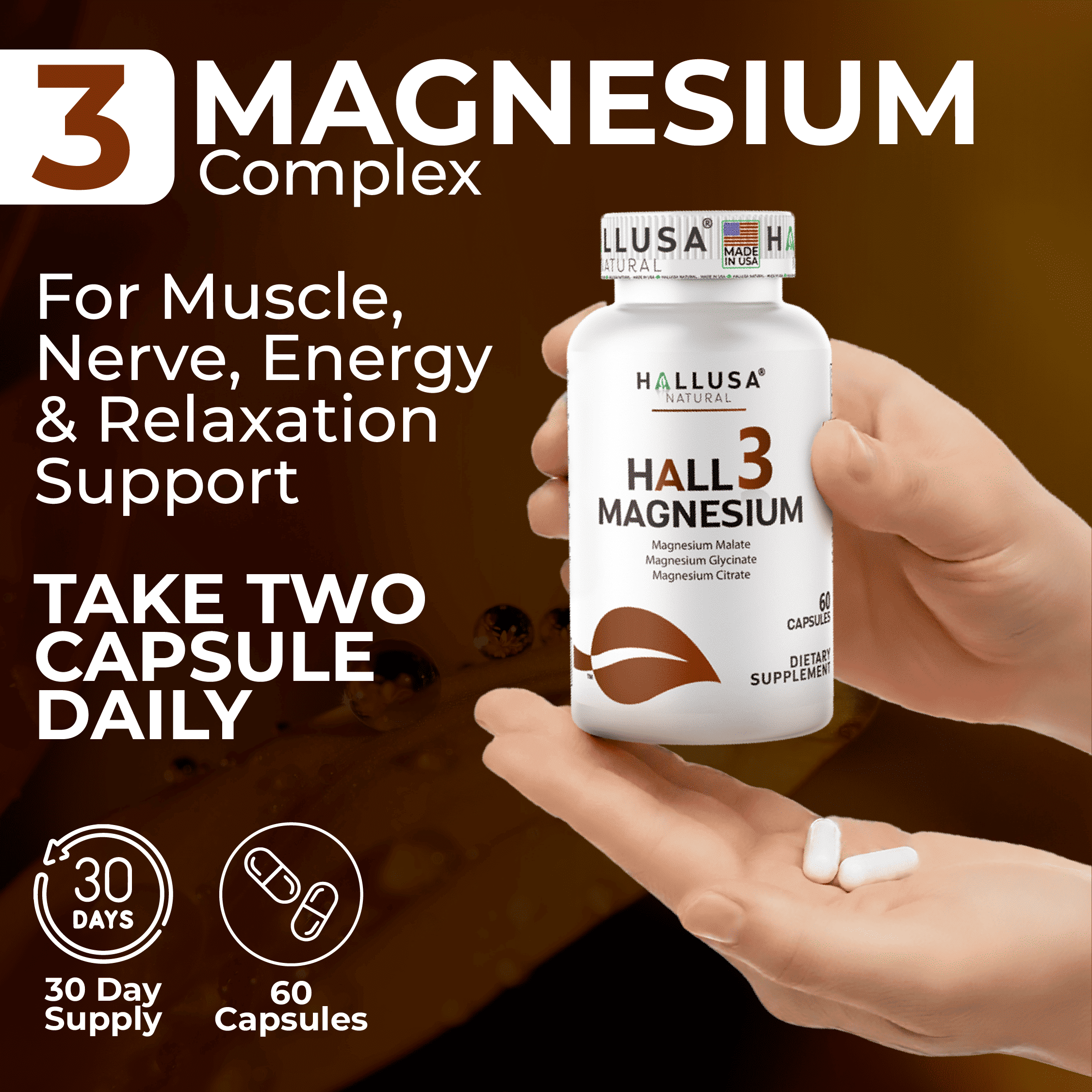 HALLUSA NATURAL Magnesium Complex Capsules 135mg with Malate, Citrate, Glycinate - 60 Count
