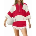 thumbnail image 2 of Women Striped Workout Set Two Piece Outfit Tracksuit Oversized Lounge Set Top and Shorts Sets with Pockets Red L, 2 of 9