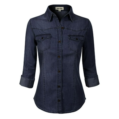 Made by Olivia Women's Roll up Sleeve Button Down Chambray Denim Shirt (S-3XL) Dark Denim