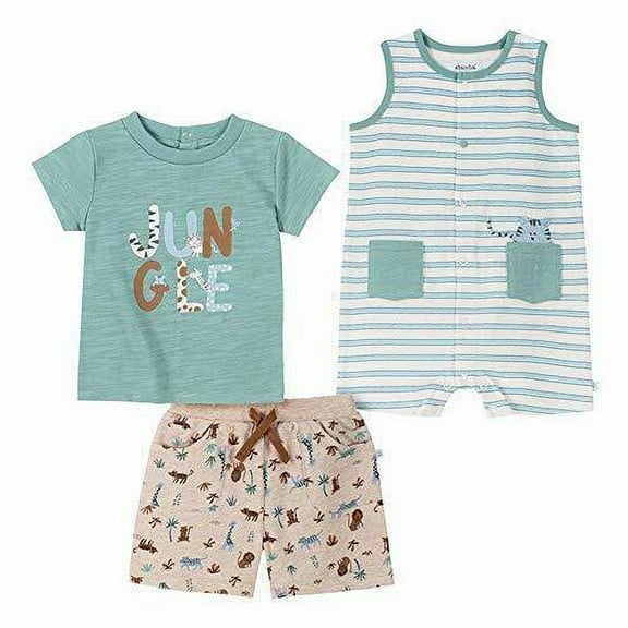 Absorba Baby Boys' 3 Piece Sleeveless Romper Shirt Short Set (Jungle, 3m)