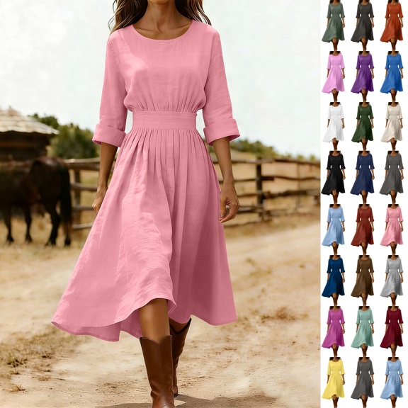 cocolona Western Dress for Women Crew Neck High Waist Maxi Dress 3/4 Sleeve Solid Color Tunic Linen Dress