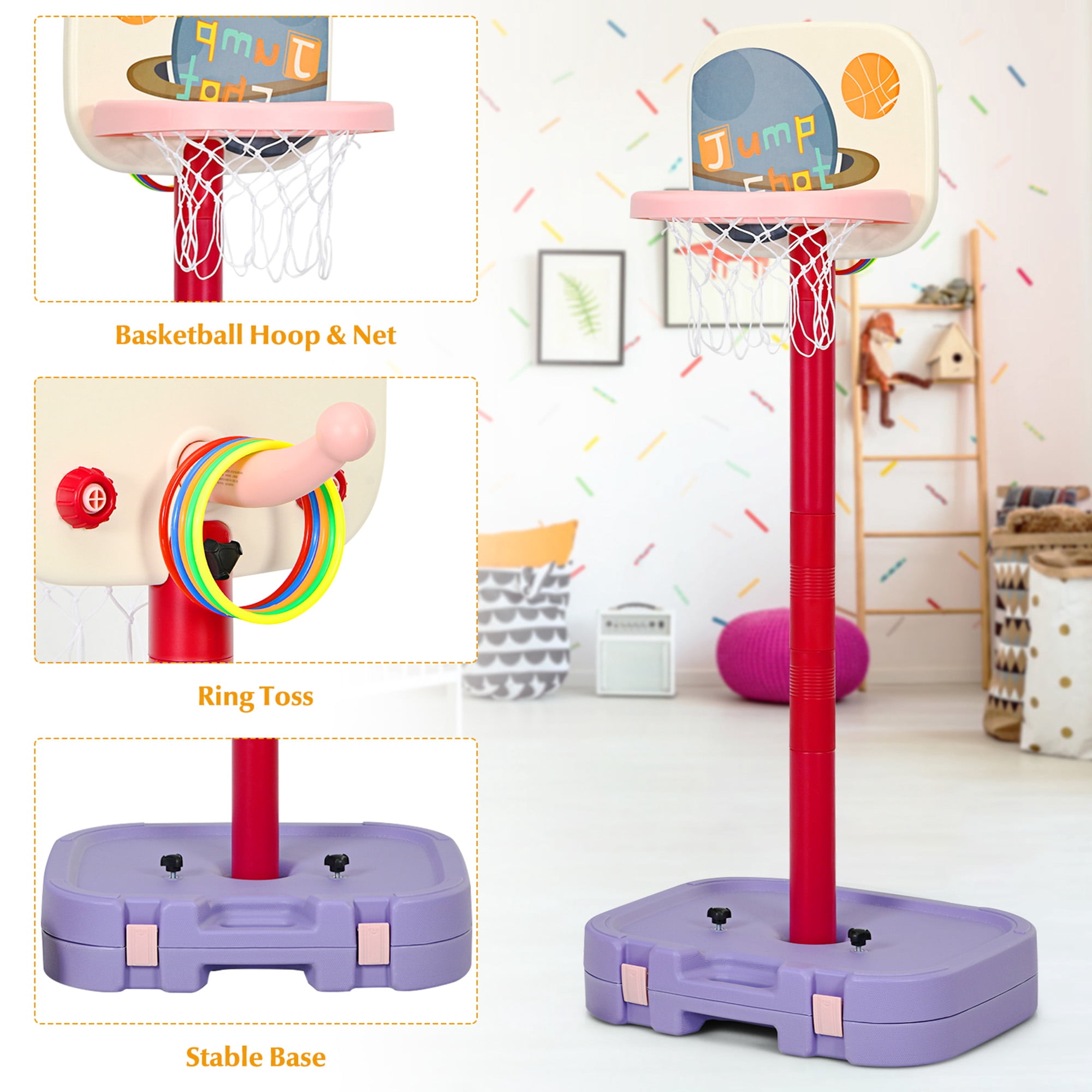 Gymax Portable 2 in 1 Kids Basketball Hoop Stand w/ Ring Toss & Storage Box Purple