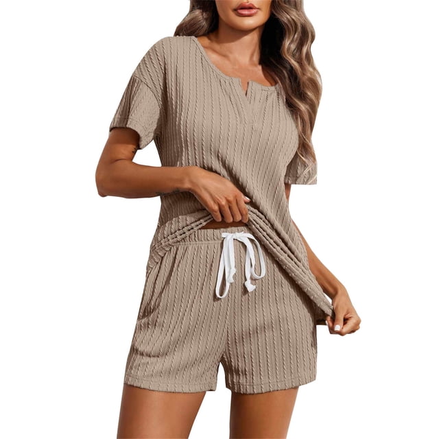 FAIWAD Ensembles de Pyjama Côtelés pour Femmes Manches Courtes Hauts à Enfiler et Shorts à Taille Élastique