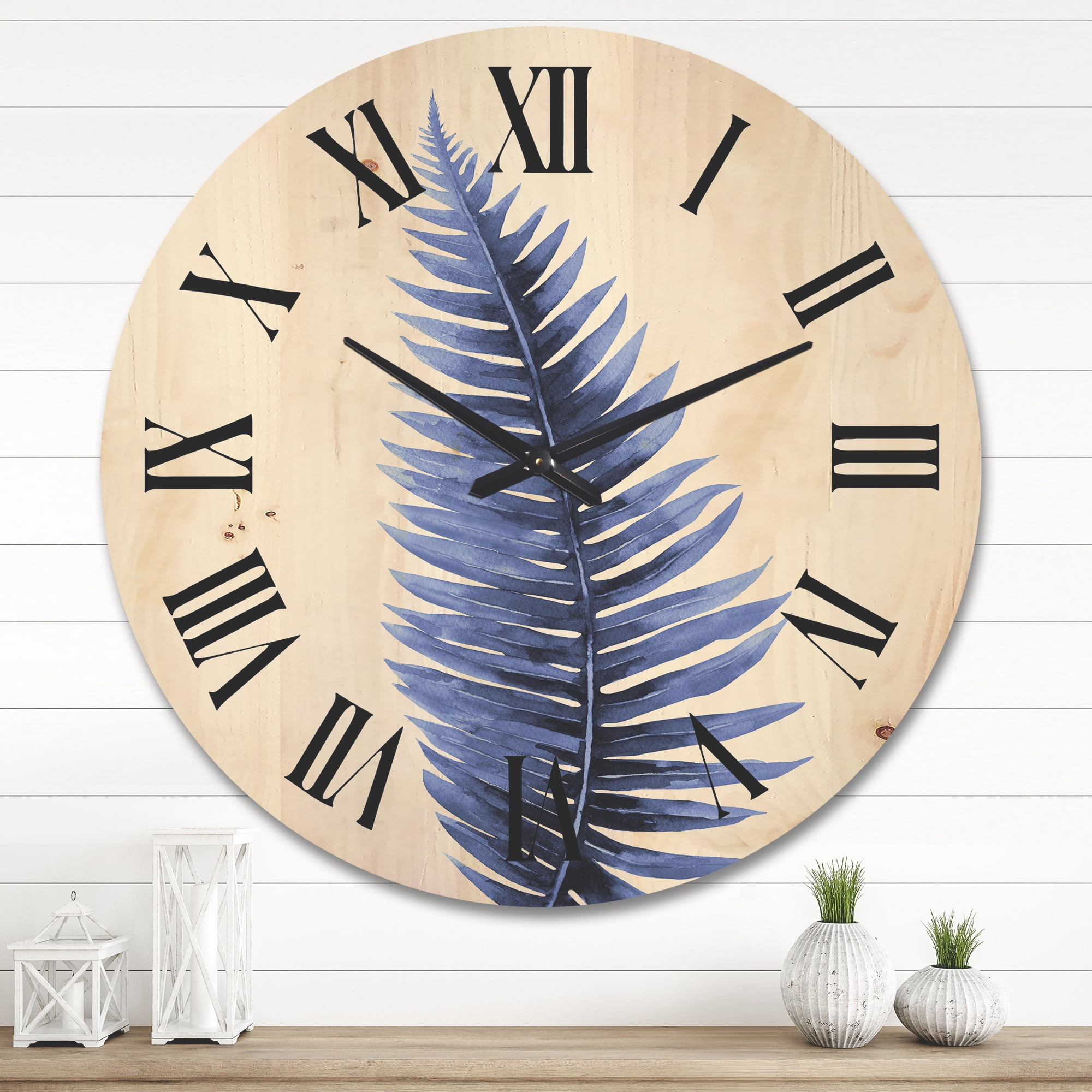 Designart 'Tropical Blue Watercolour Leaves On White' Bohemian & Eclectic Wood Wall Clock