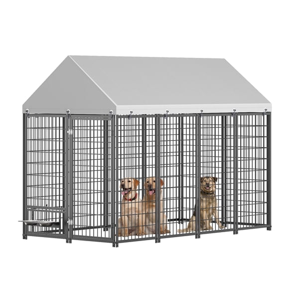 ZephyPaws Large Outdoor Dog Kennel with Rotating Feeder Bowls, 8'L x 4.2'W x 6'H Dog Pens Outside with Roof, Heavy Duty Dog Cage for Medium Large Dogs