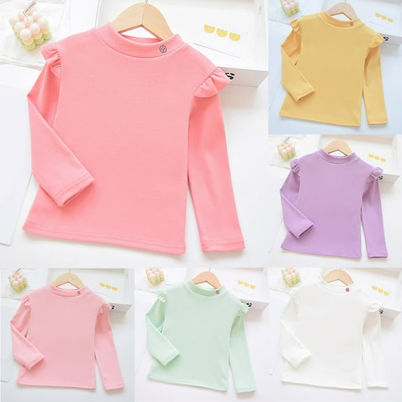 Ulanda Girls Long Sleeve T-Shirt Toddler Comfort Soft Basic Crewneck Tee Tops with Ruffles Trim (White, 1-2 Years)