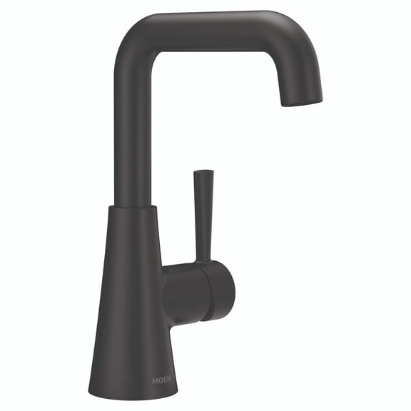 Moen Ronan Matte Black Double Bend Single Hole Modern Bathroom Sink Faucet with Optional Deckplate and Spring Loaded Drain Assembly