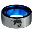 thumbnail image 2 of Tungsten Yin Yang Mythical Unicorns Band Ring 8mm Men Women Comfort Fit Blue Flat Cut Brushed Gray Polished, 2 of 4
