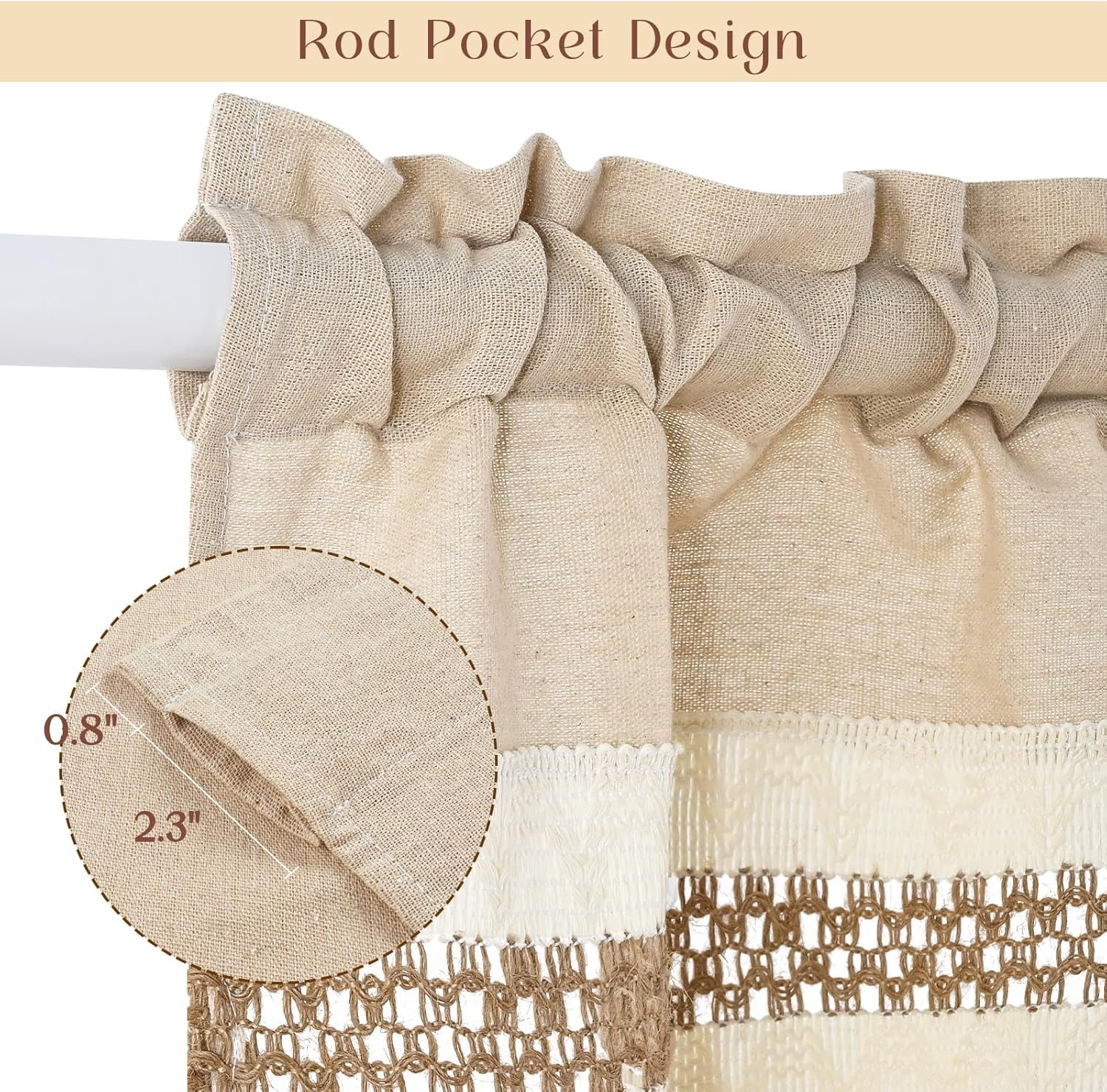 Alishomtll Boho Linen Valance Curtains 18 Inches Long Farmhouse Rustic Striped Window Drapes Macrame Burlap,Rod Pocket ,Beige ,with Tassel