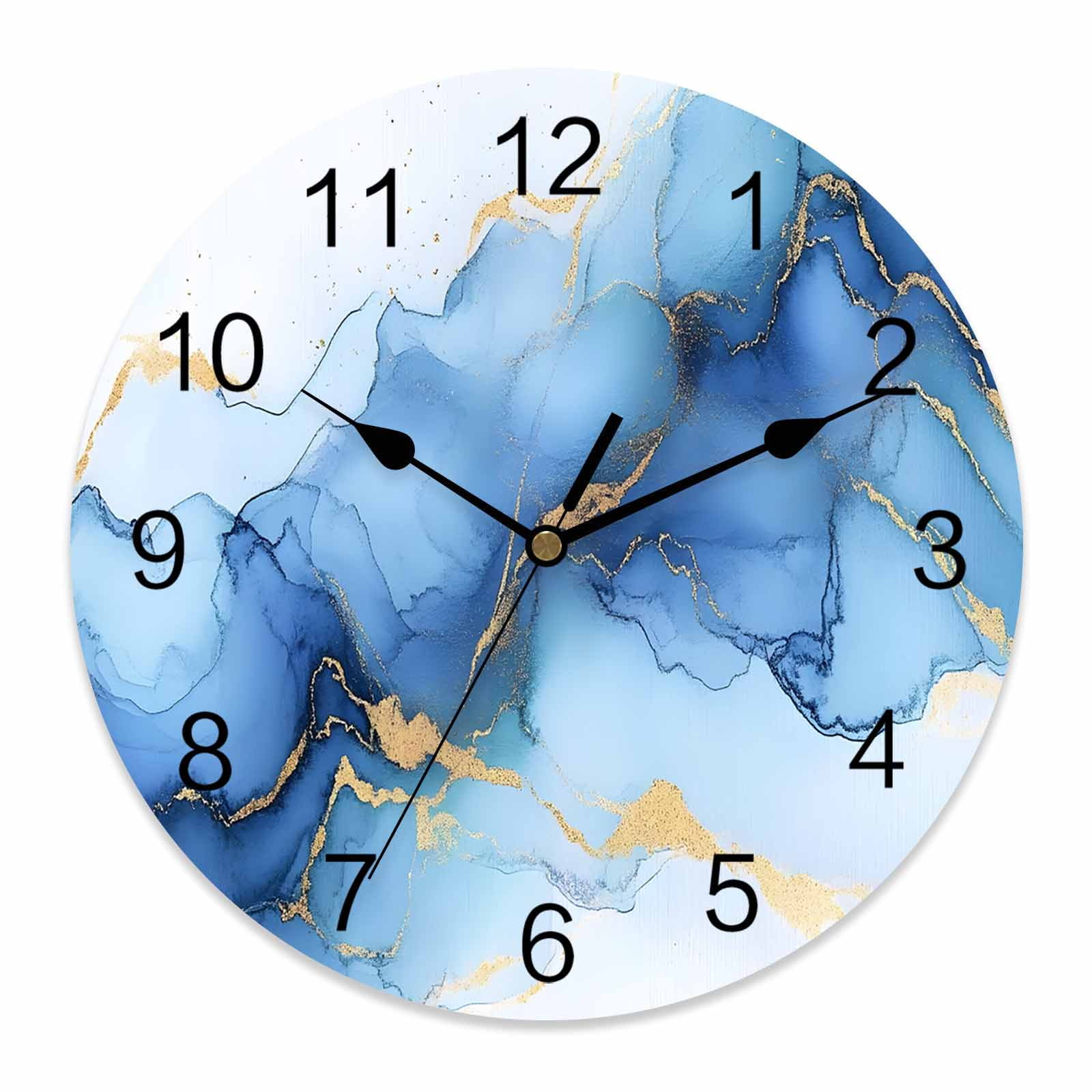 14 Inch Abstract Marble Texture Wall Clock, Gold Blue Gradient Modern Art Decoration Battery Operated Silent Non Ticking Clocks, Easy to Read Round Wall Clock for Kitchen/Living Room/Bedroom/Bathroom
