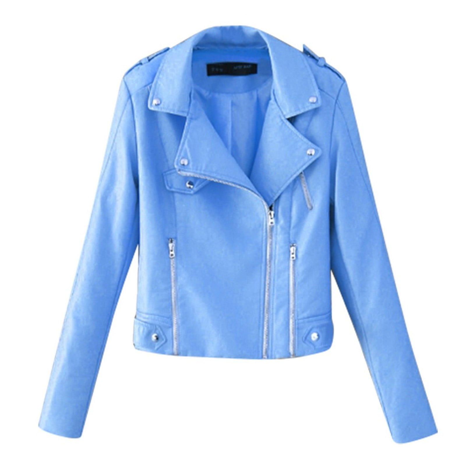 AXXD Jackets for Women,Faux Leather Jacket Women Long Sleeve Turndown Notch Lapel Zip Solid Color Coat Jacket Blue Size 2XL(US:12)