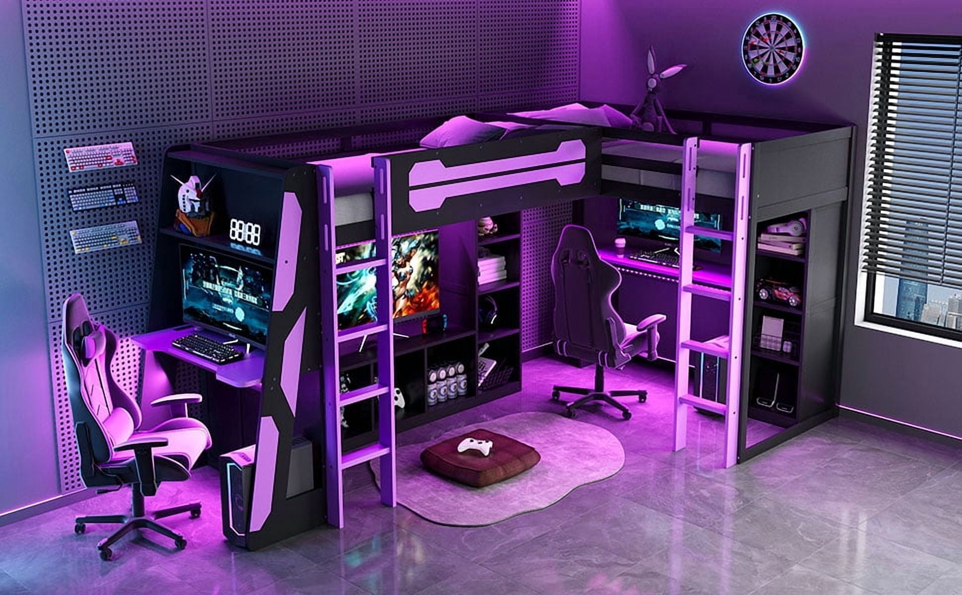 Mintazer L-Shaped Twin Loft Bed with 2 Gaming Desks, Gaming Loft Bed with RGB Lights & USB Charging Station, Black & Purple