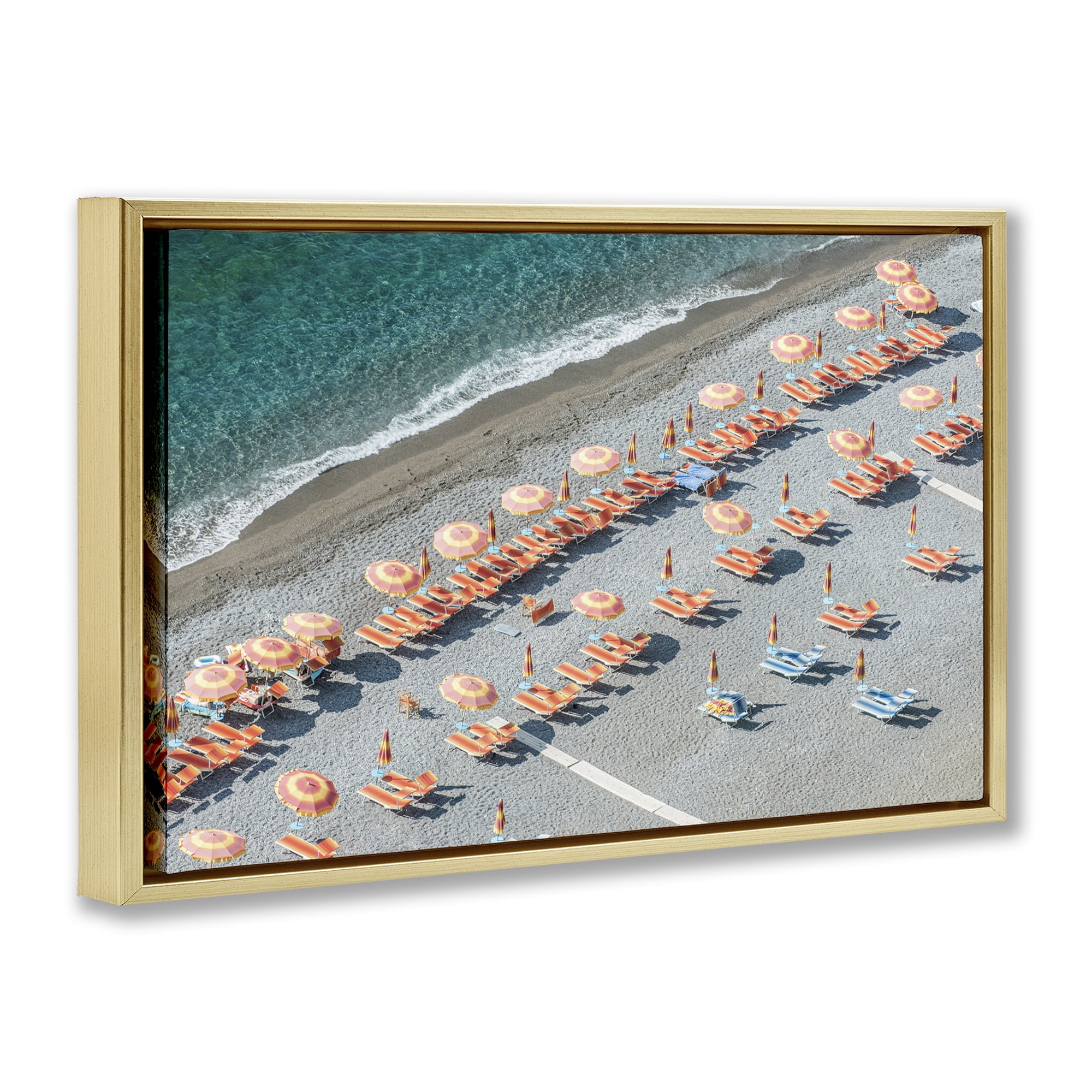 Stupell Industries High Tide Beach Umbrellas Landscape Painting Gold Floater Framed Canvas Art Print Wall Art, 25 x 17