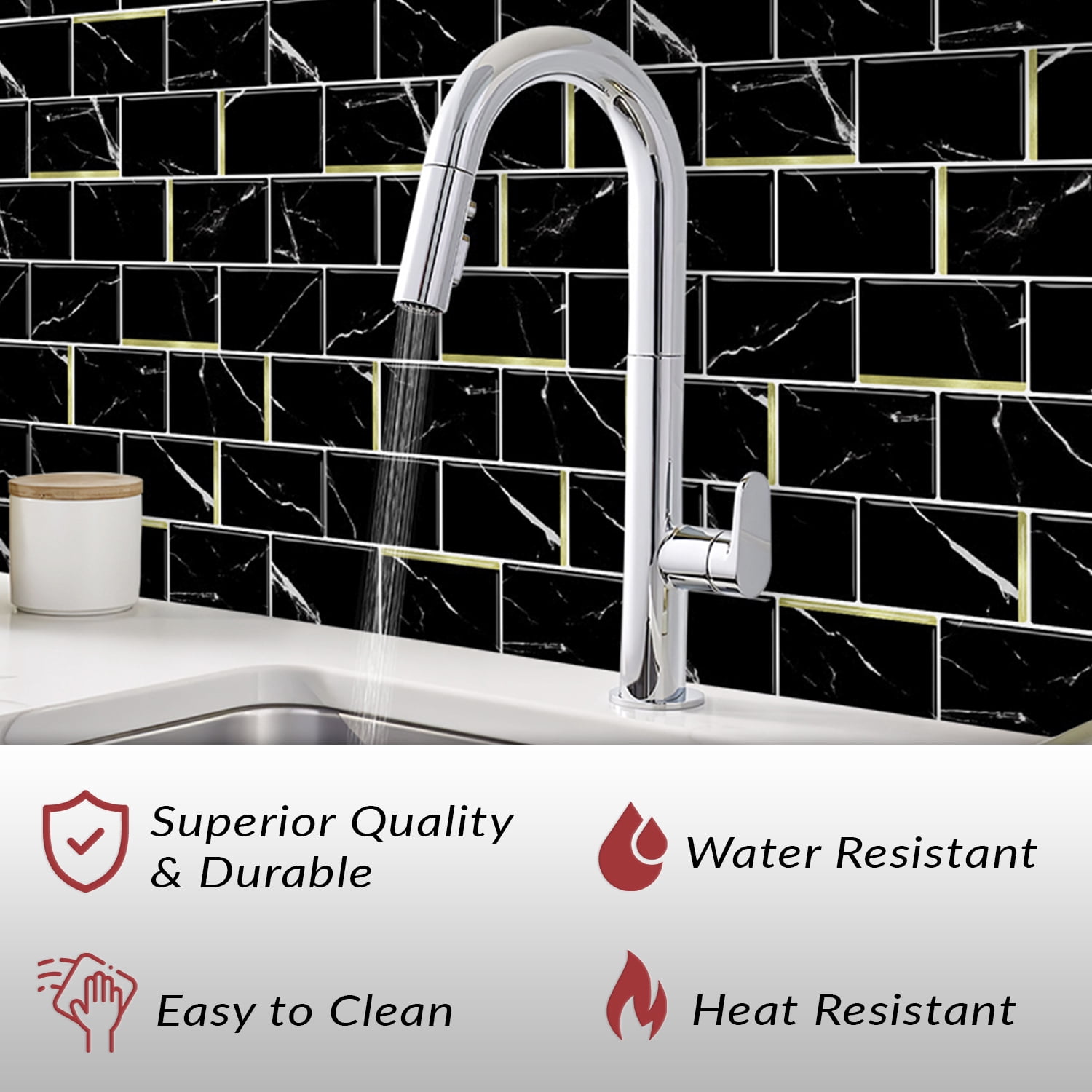 Dcor WOW 41006  Peel & Stick Backsplash, (8) 12x12-inch Sheet Covers 8 Sq Ft, Black Marble Subway Back Splash Tile Gold Accent