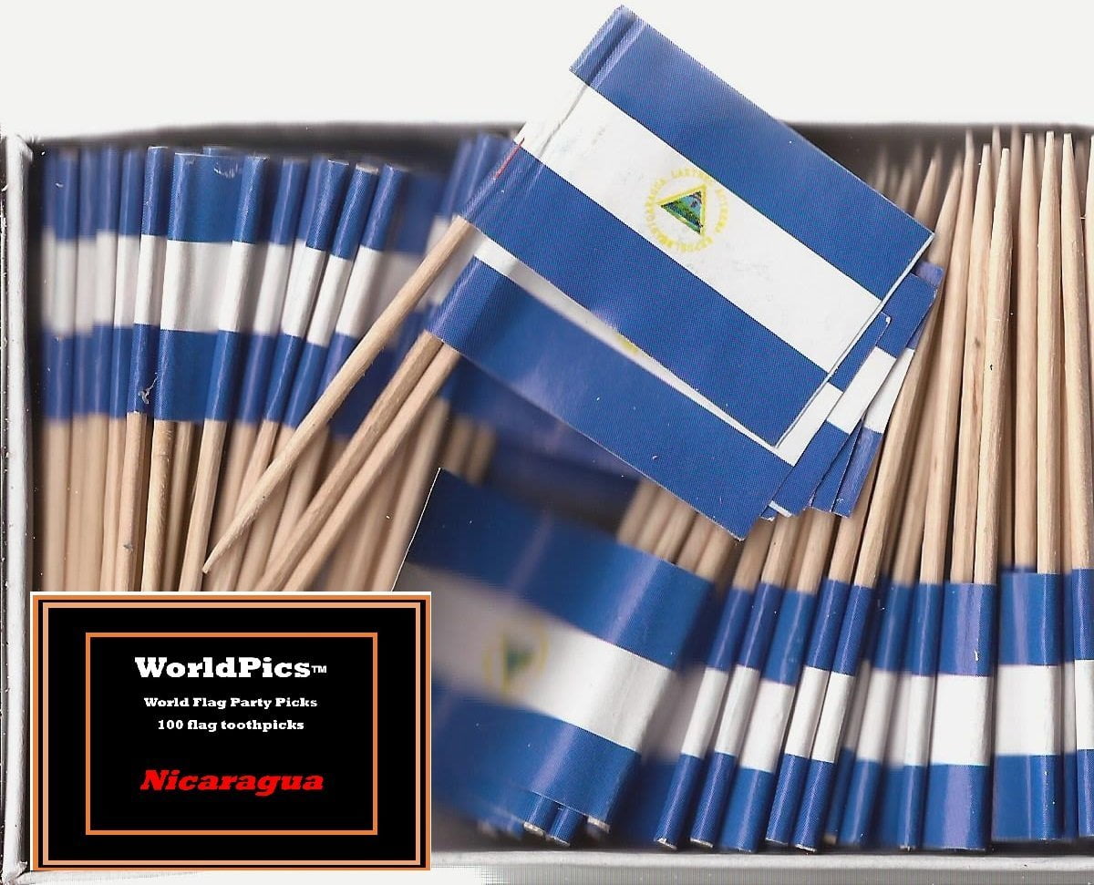 One Box Nicaragua Toothpick Flags, 100 Small Nicaraguan Cupcake Flag
