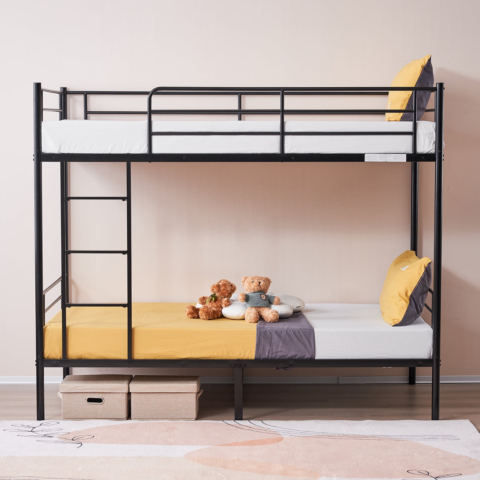 Iron Bed Bunk Bed with Ladder for Kids Twin Size Black