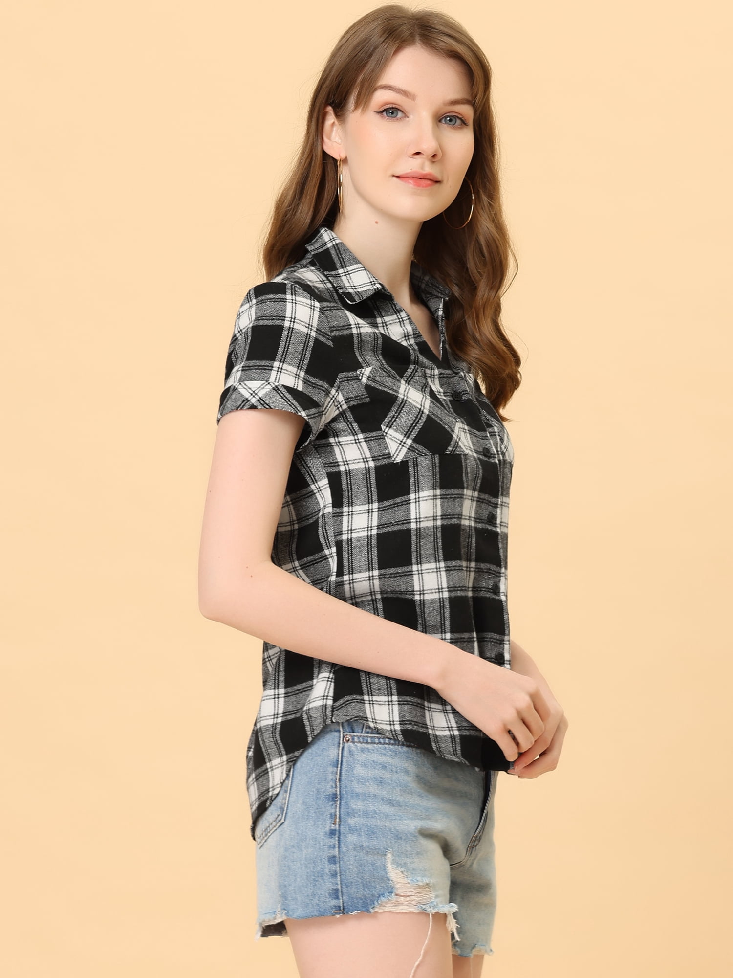 DARING DIVA Women's Casual Boyfriend Plaid Button Down Flannel Shirt M Black