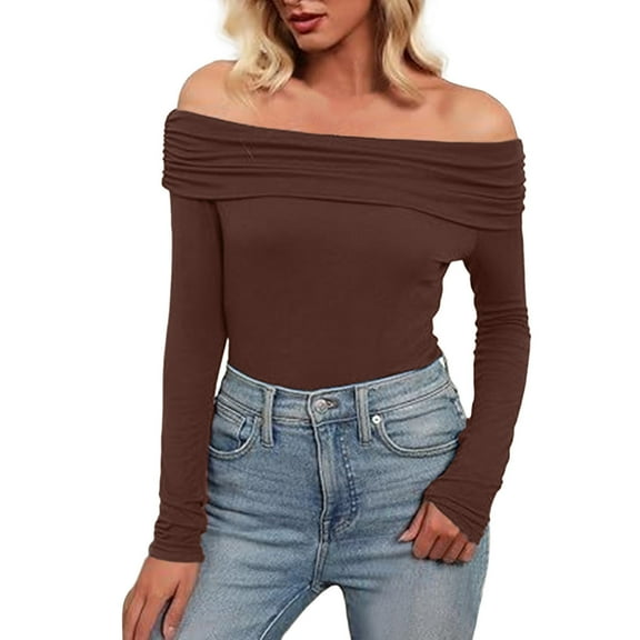 UJNDER Women's Solid Color Off Shoulder Warm Top for Slim Long Sleeved Bottoming Shirt and Casual Outfits Coffee L