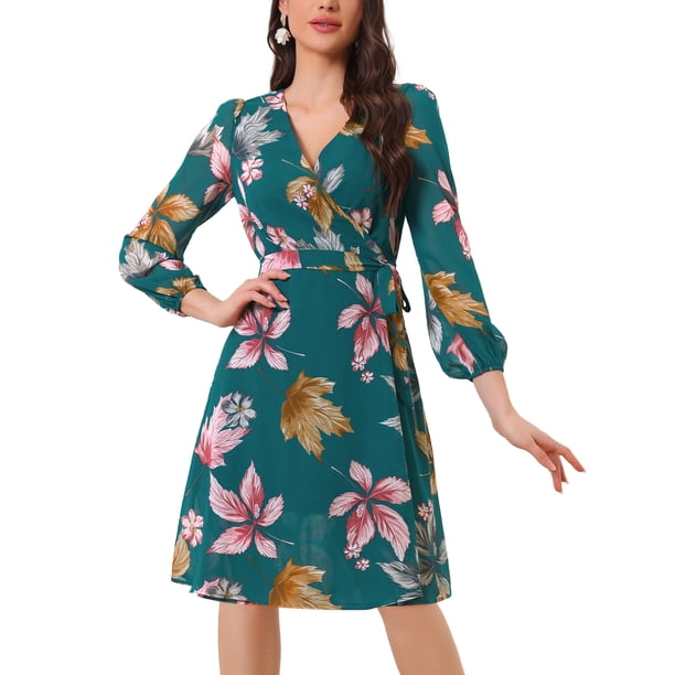 INSPIRE CHIC Vestido Envolvente de Manga Obispo con V Cuello Floral Boho para Mujeres S Verde Oscuro