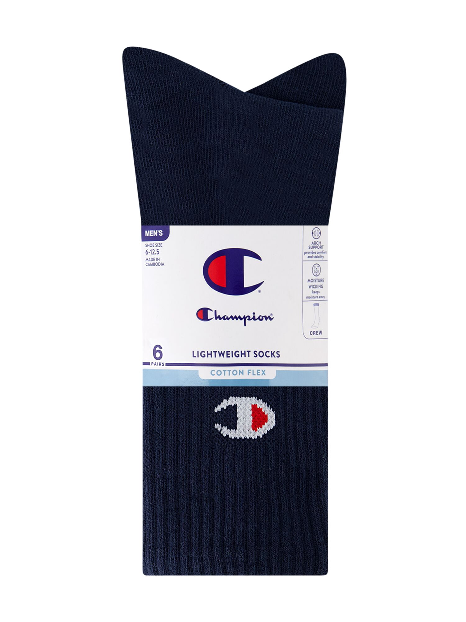 Champion Men’s Lightweight Crew Socks 6 Pack, Moisture-Wicking, Arch Support, Stretch Comfort, Sizes 6–12.5