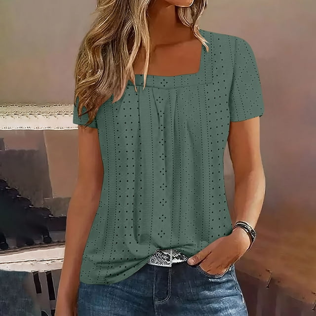 Karight Square Neck Eyelet Tops for Women Casual Short Sleeve Summer Blouse Lace Crochet Elegant Lightweight Tunic Shirt