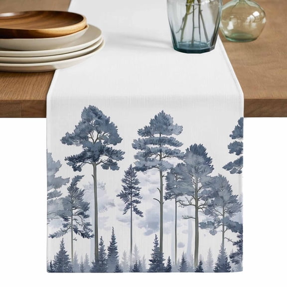 Navy Blue Botanical Table Runner, Watercolor Tree Washable Cotton Linen Table Runners 108 Inches Long, Dresser Scarf Runner for Dining/Living Room/Kitchen/Square Tables 13''x108''