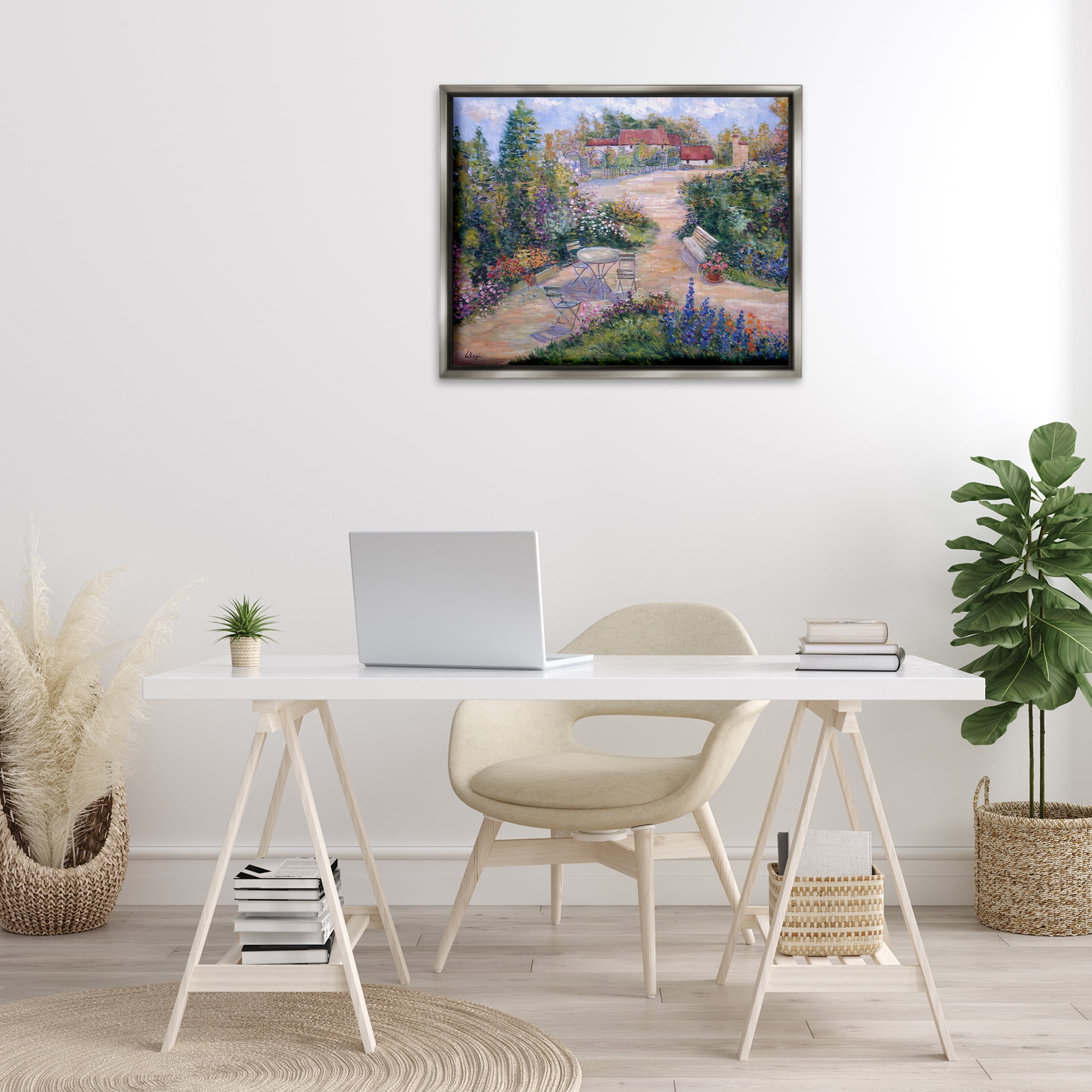 Stupell Industries Spring Garden Benches Landscape & Nature Painting Gray Floater Framed Canvas Art Print Wall Art, 31 x 25