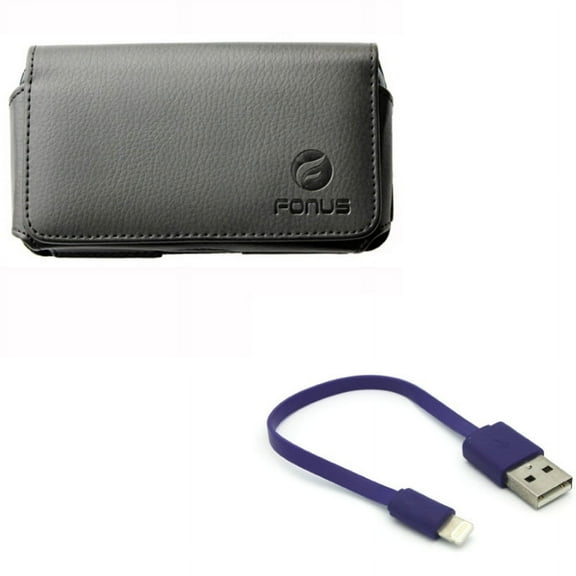 Short USB Cable w Case Belt Clip for iPhone 8/7/6S/6 - Charger Cord Power Wire Fast Charge, Leather Swivel Holster Loops Cover for iPhone 8/7/6S/6 Models