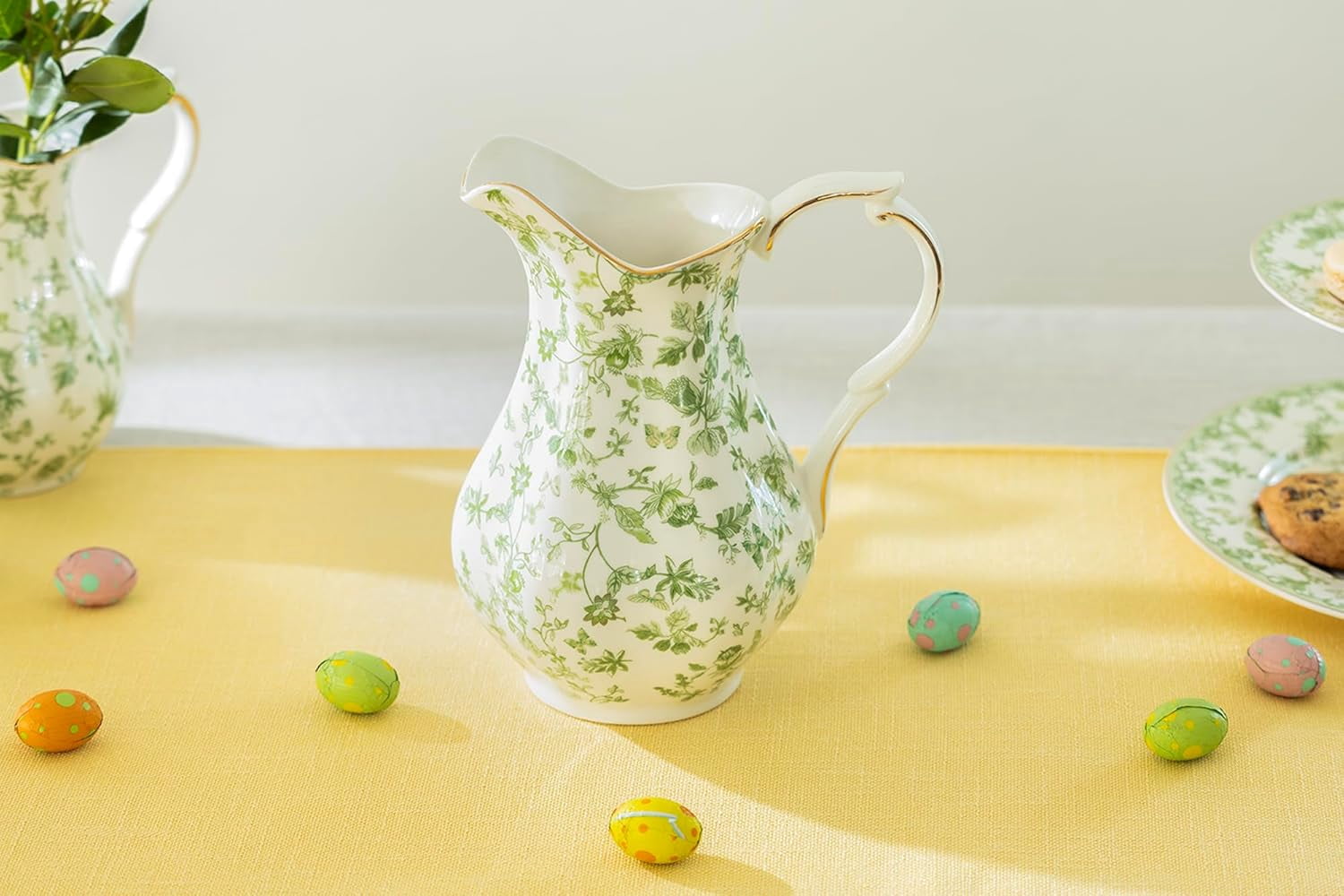 Greeny Garden Fine Porcelain 9-inch Tall Large Pitcher, 48oz Capacity, Serving Water, Juice, Beverages, Can Be Used As Vase, Easter Spring Nature-Inspired Home