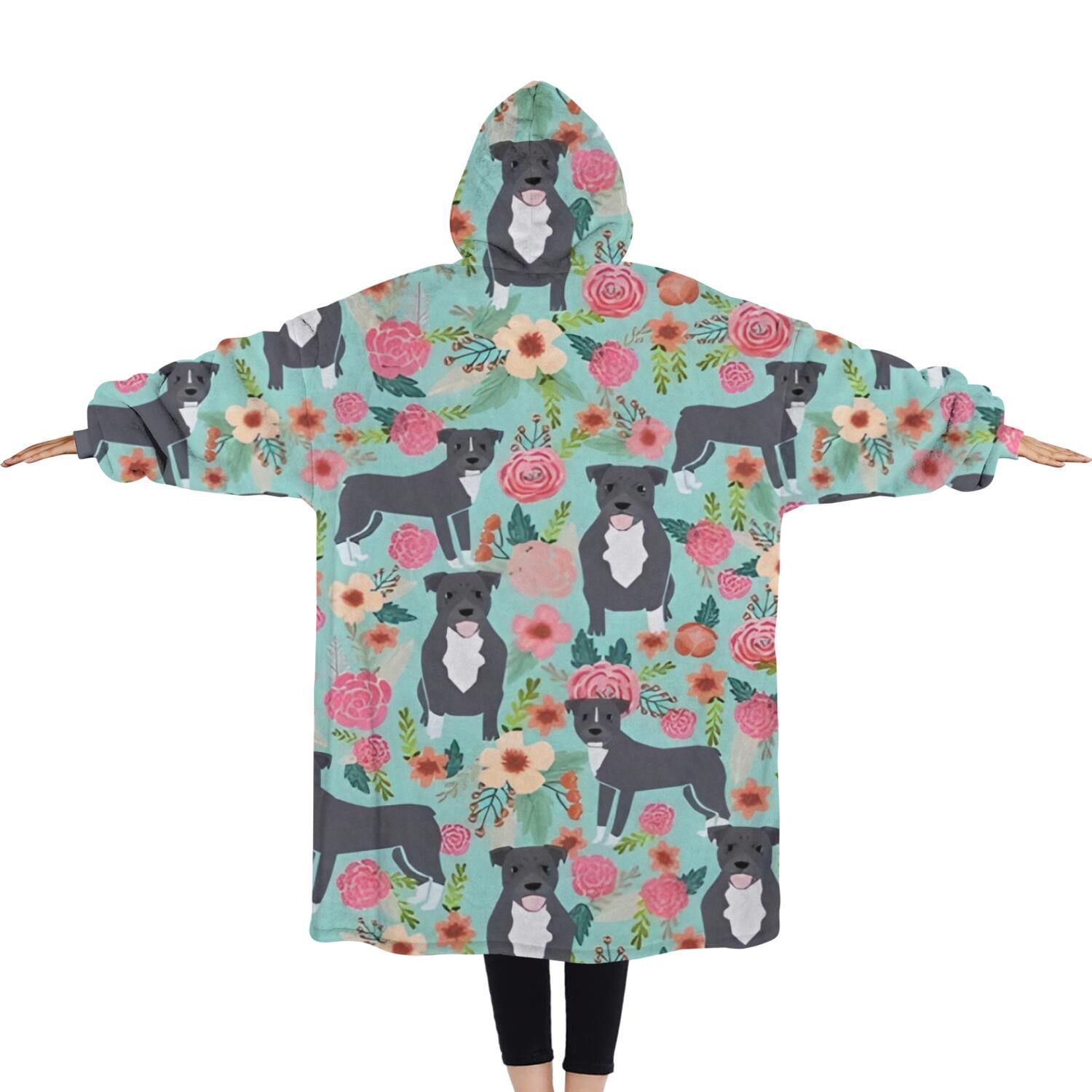 Oversized Wearable Blanket Hoodie,Cute Pitbull Terriers Dog and Flowers Sherpa Blanket Hoodie with Super Pockets,Super Warm Fuzzy Pullover for Women & Men