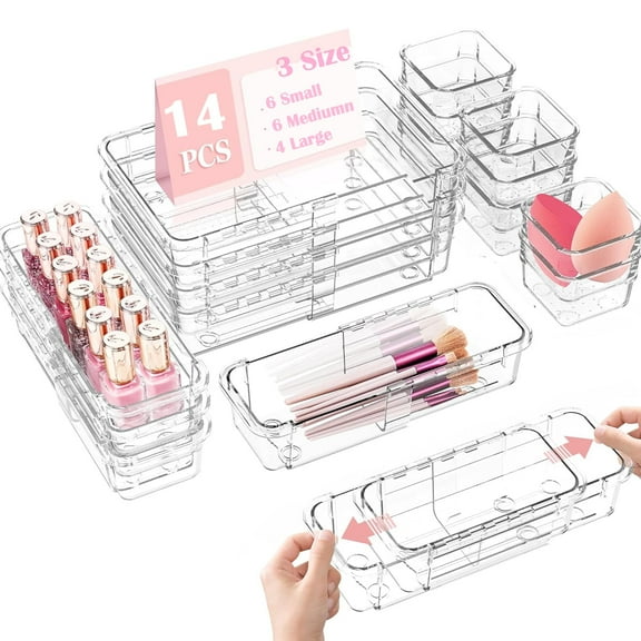 Kisportee 14 Pack Adjustable Makeup Drawer Organizer Set, Clear Plastic Stackable Desk Drawer Organizer Bins, Makeup Organizer for Vanity, Kitchen Utensils Storage
