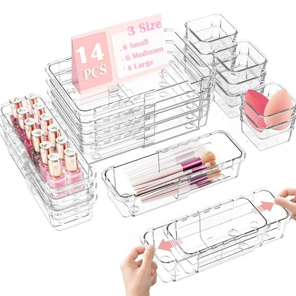 Kisportee Juego de 14 Organizadores Ajustables para Cajón de Maquillaje, Contenedores Organizadores Apilables de Plástico Transparente para Cajón de Escritorio, Organizador de Maquillaje para