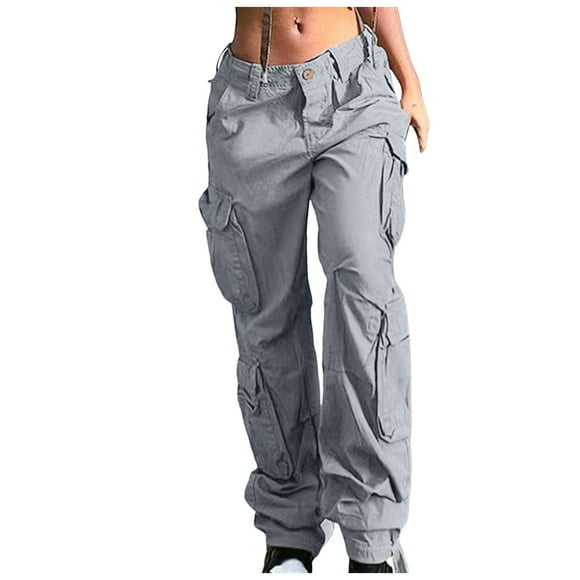 Bmisegm Women High Waist Baggy Cargo Pants Cargo Jeans Jogger Pocket Loose Fit Straight Wide Leg Trouser Pants for Women Grey XXL