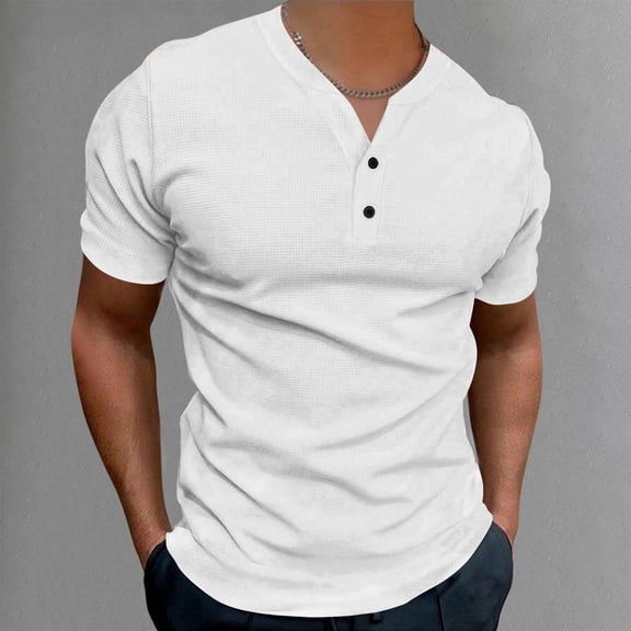 Aobny Short Sleeve Mens Shirts Casual White Sports V-Neck Button Up T-Shirt Pullover Plain Mens T Shirt,XL