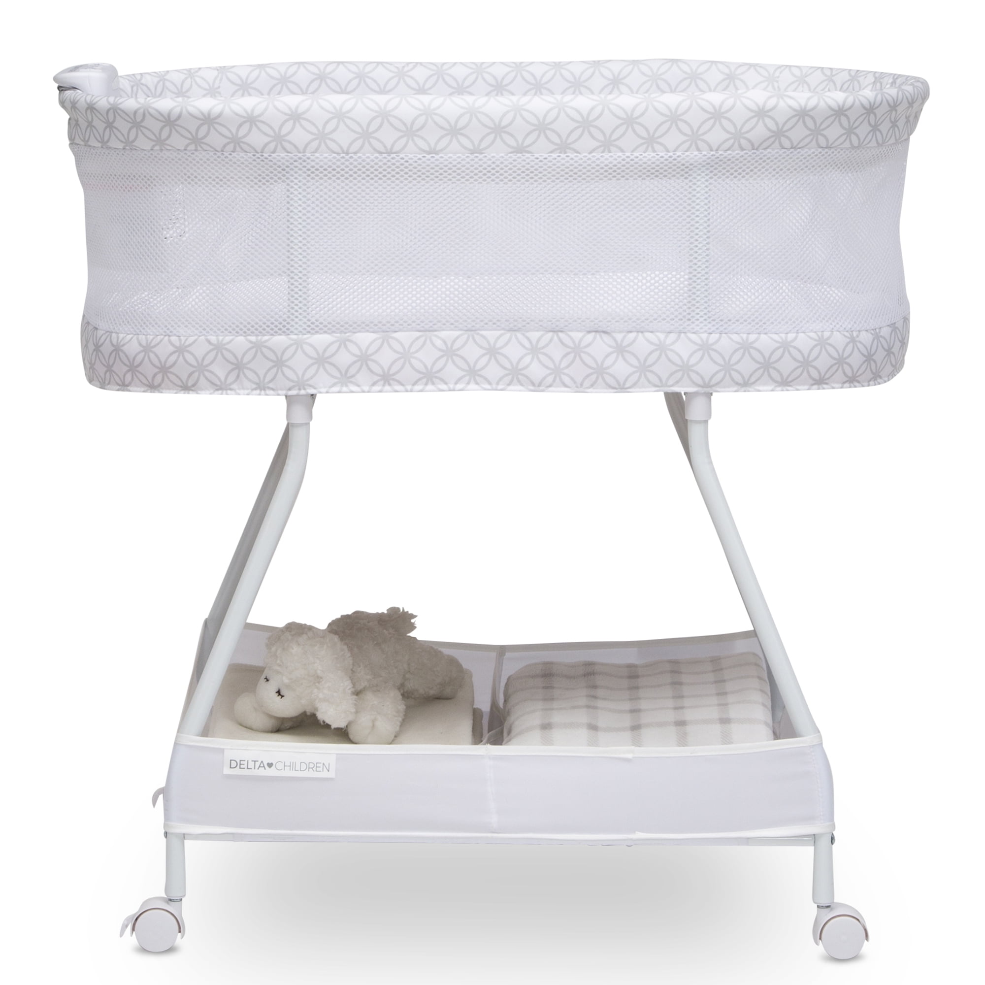 Delta Children Sweet Dreams Bassinet with Airflow Mesh - Bedside Portable Crib with Vibration, Lights and Music, Grey Infinity