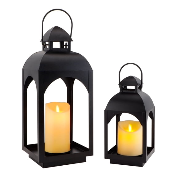 2-Pack Vintage Metal Decorative Lanterns 18" & 11.5" H Hanging Candle Lanterns with LED Pillar Candles for Garden Living Room Indoor Outdoor Parties Weddings Balcony(Black)
