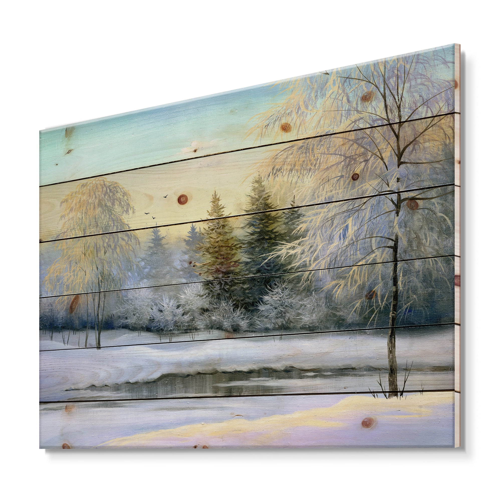 Designart 'Green Trees In Beautiful Winter Snow Landscape' Traditional Print on Natural Pine Wood