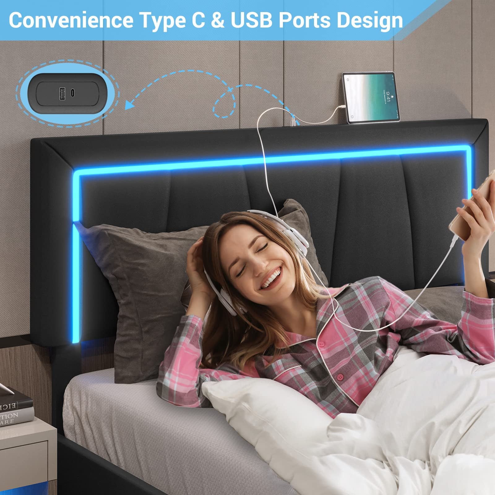 Queen LED Bed Frame with 4 Storage Drawers and USB Ports and LED Headboard, Faux Leather Upholstered Platform Bed Frame with 3 Side Light Strip, Black